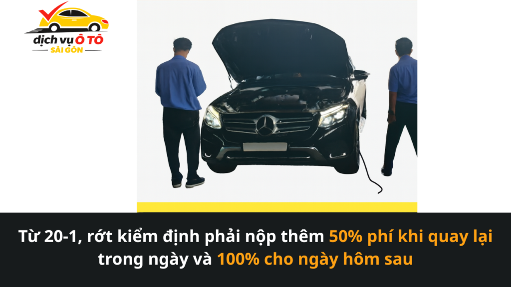 phương tiện bị rớt kiểm định sẽ phải nộp thêm 50% phí khi quay lại trong ngày và 100% cho ngày hôm sau